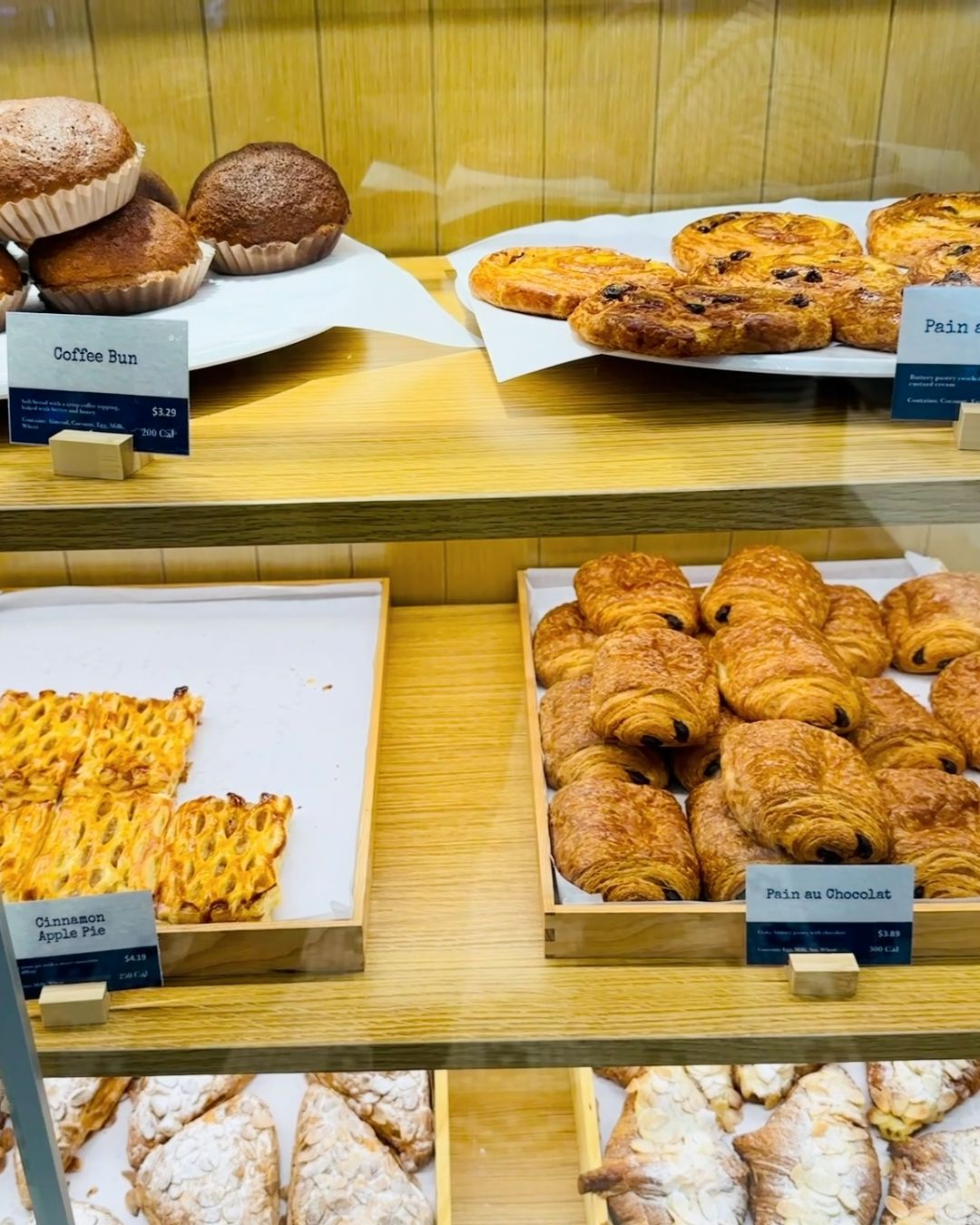 Almond croissants, cinnamon apple pie, pain au chocolat, coffee buns and raisin rolls at Bethesda bakery