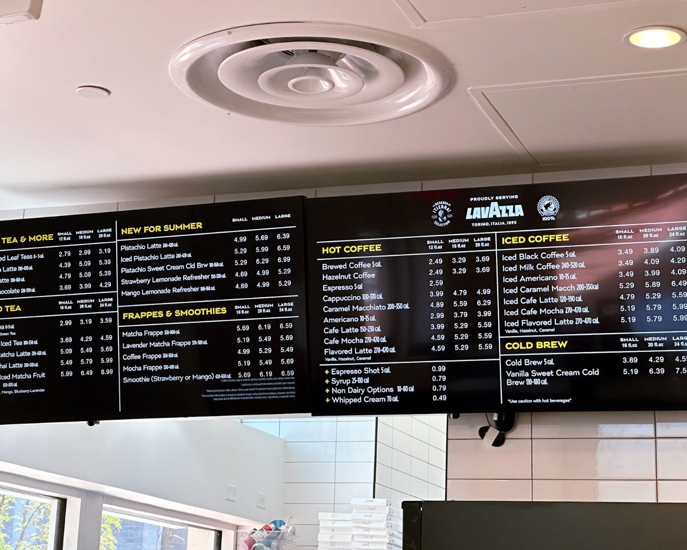 Lavazza coffee menu board at bakery cafe in Bethesda