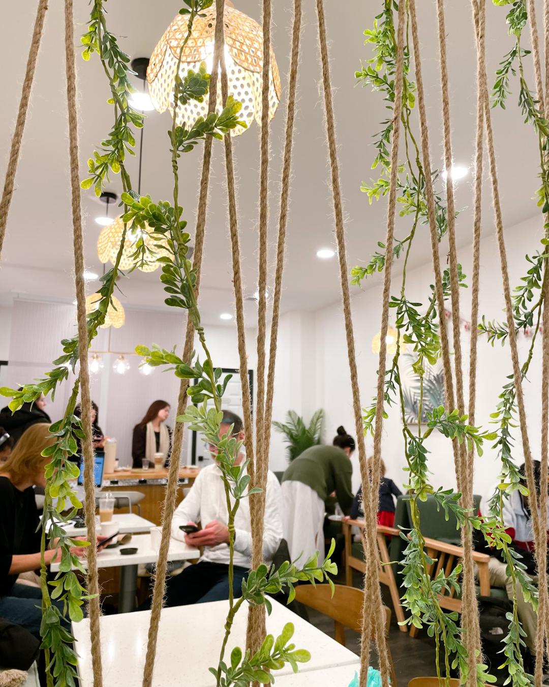 View through hanging greenery and rope decor showing the cozy seating area with customers chatting at Coffeefi Roastery in Bethesda