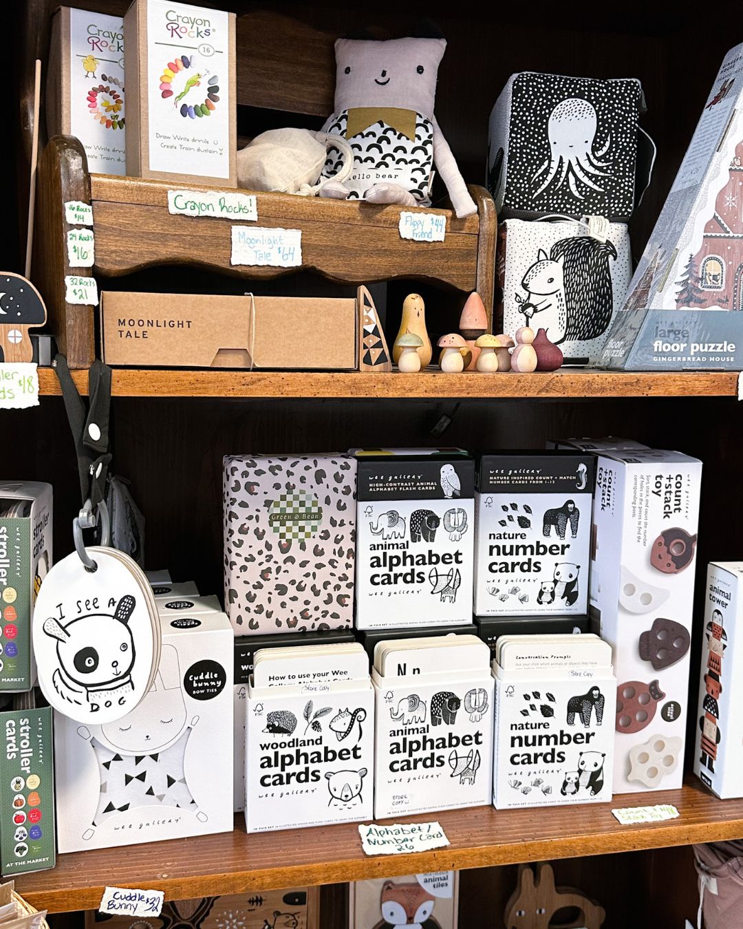 Children's section with stuffed animals, Crayon Rocks, animal alphabet cards, and kids' books on wooden shelving