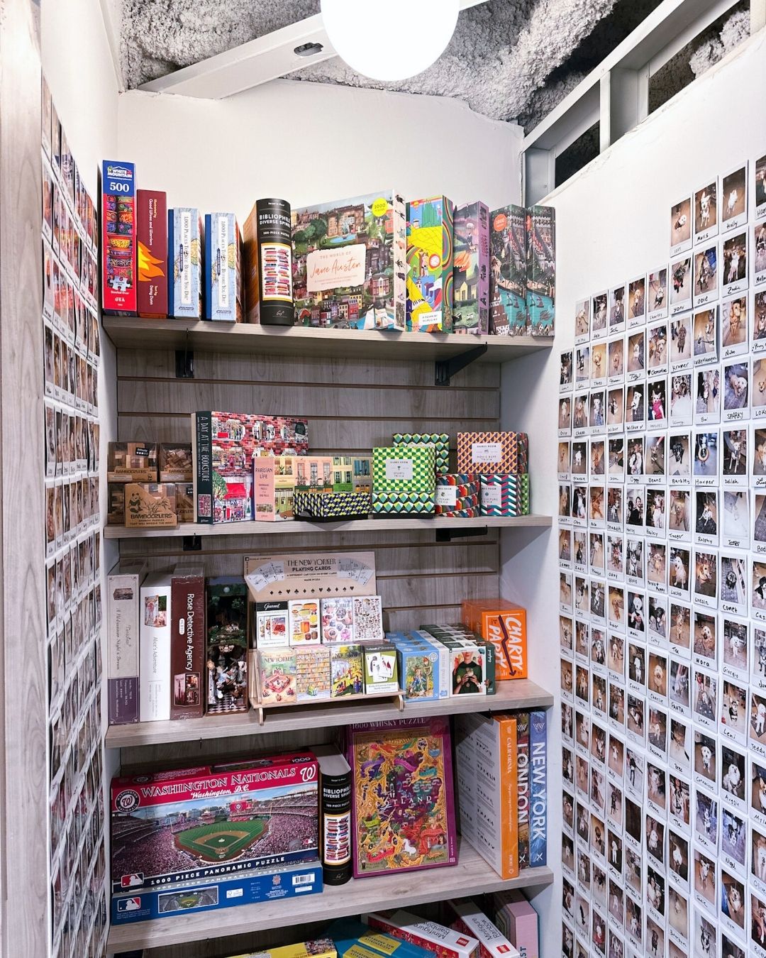 Shelves stocked with puzzles, board games, and children's books at Wonderland Books on Norfolk Avenue