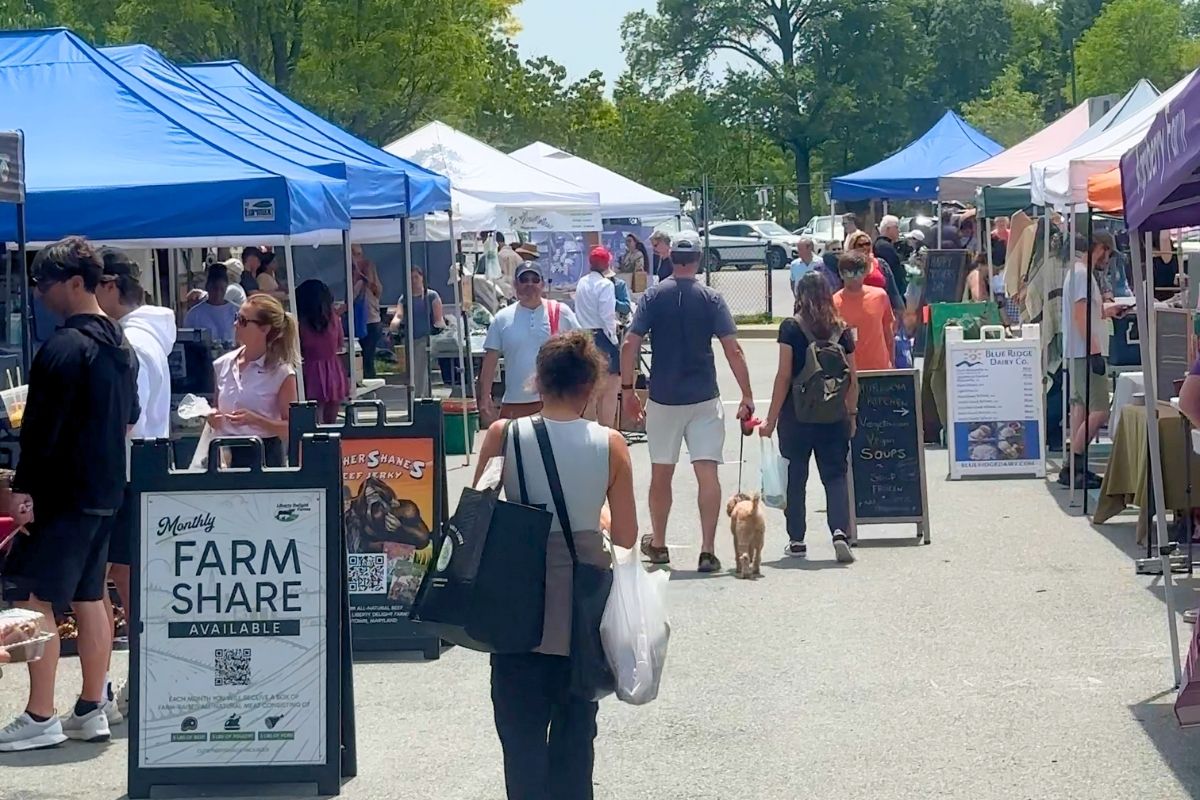 Wide view of vendor tents and shoppers walking through Bethesda Farmers Market main aisle
